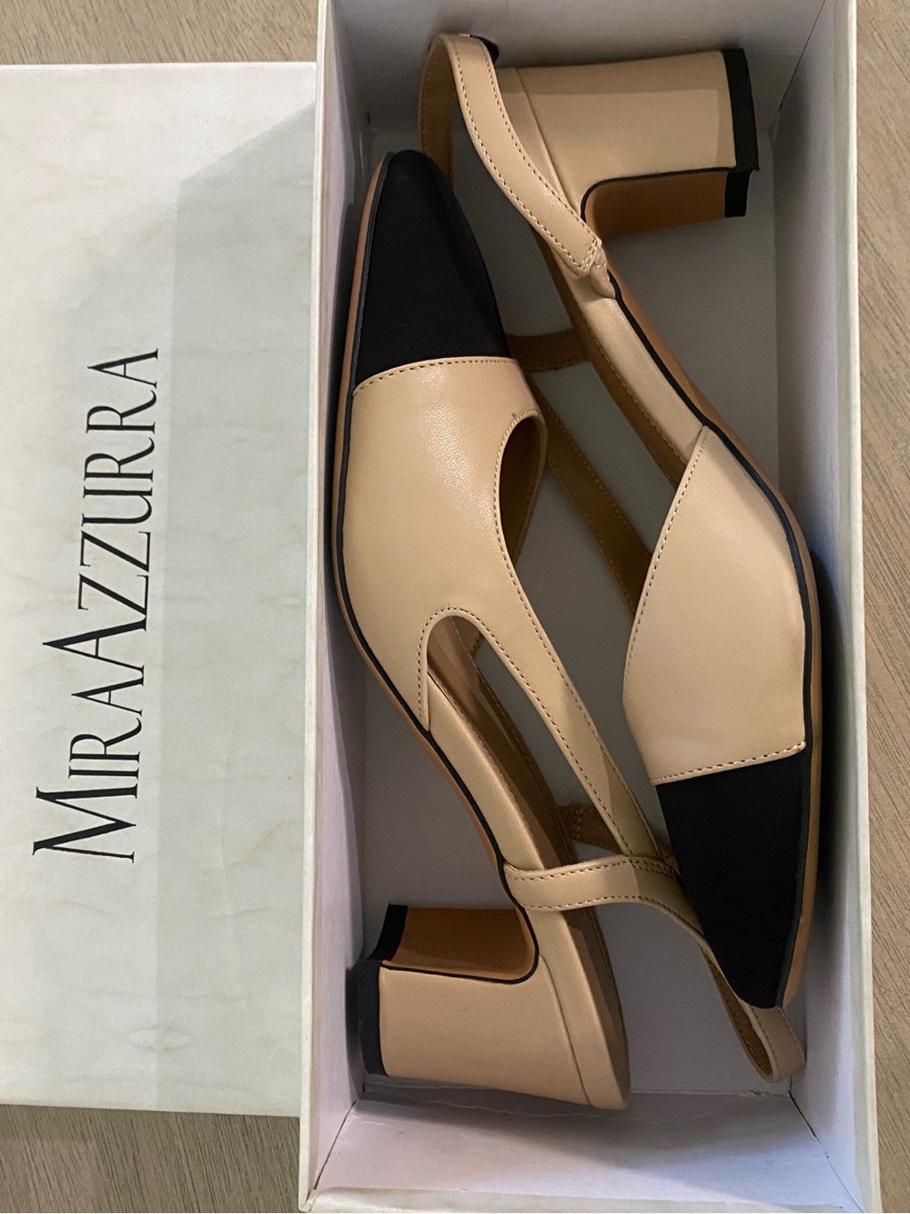 New in Box, Beige and Black Block Heel Slingbacks